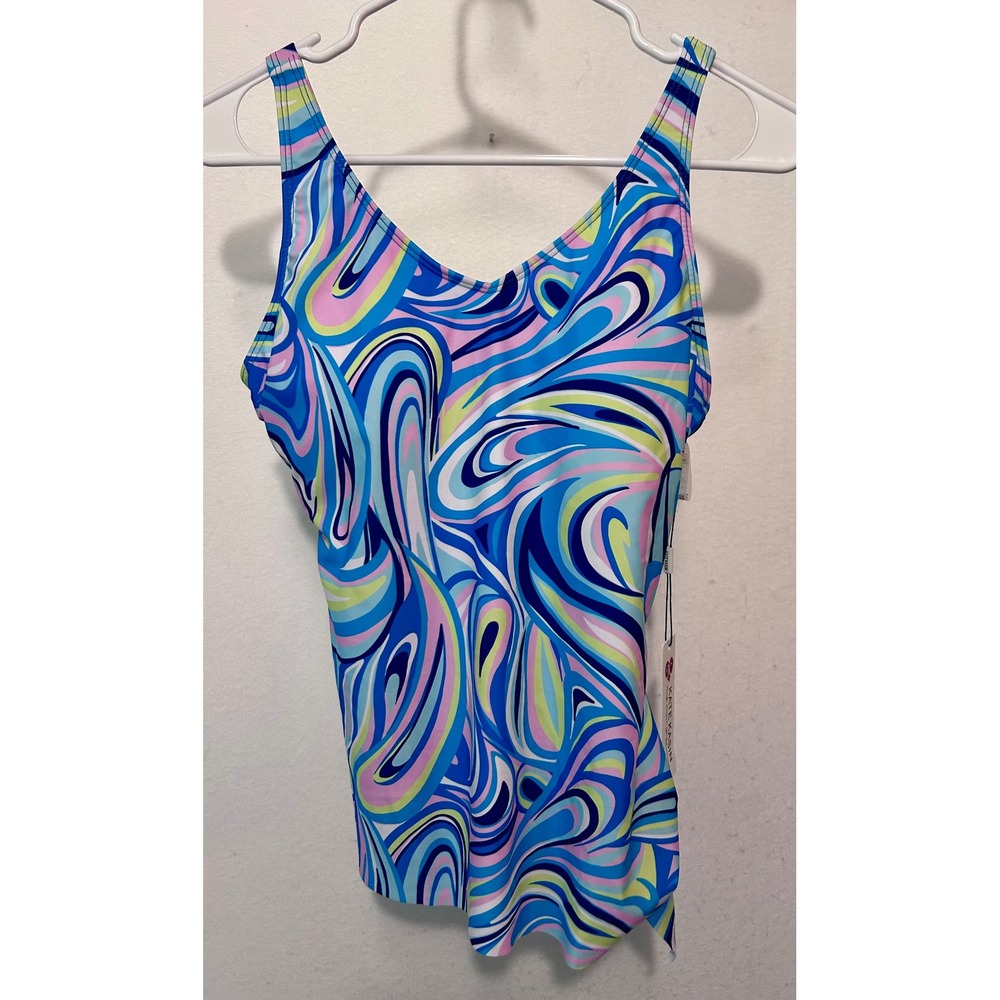 Kate Kasin Blue Pink Swirl Print Tankini Swim Top Side Tie V-Neck Size M NWT